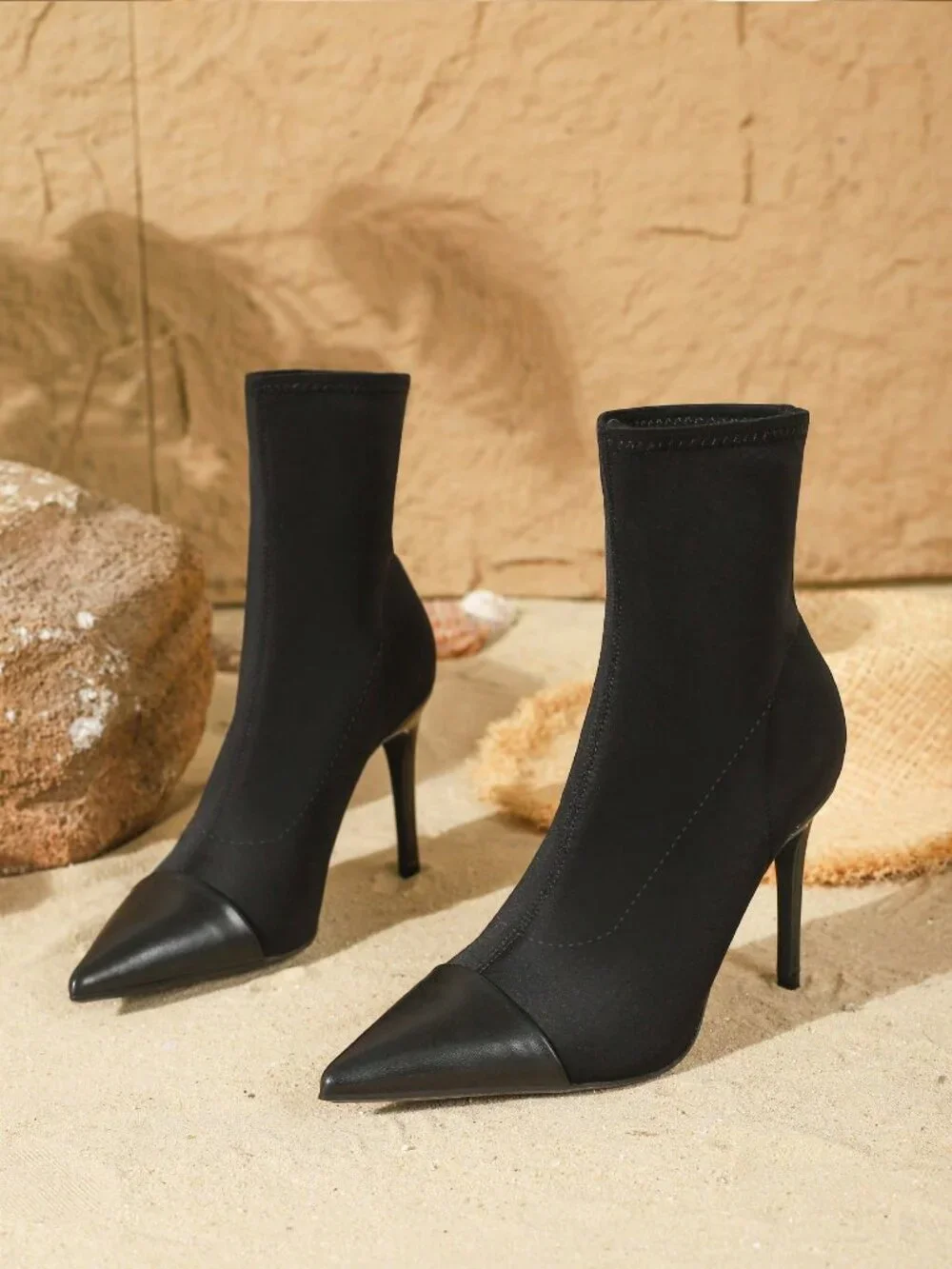 Black Sexy Women's Slip On Splicing Stiletto High Heel Mid-Calf Stretch Boots